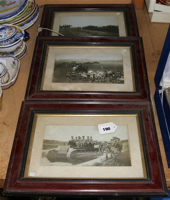 Three WWI photographs depicting early tanks, troops, etc (one including George V)